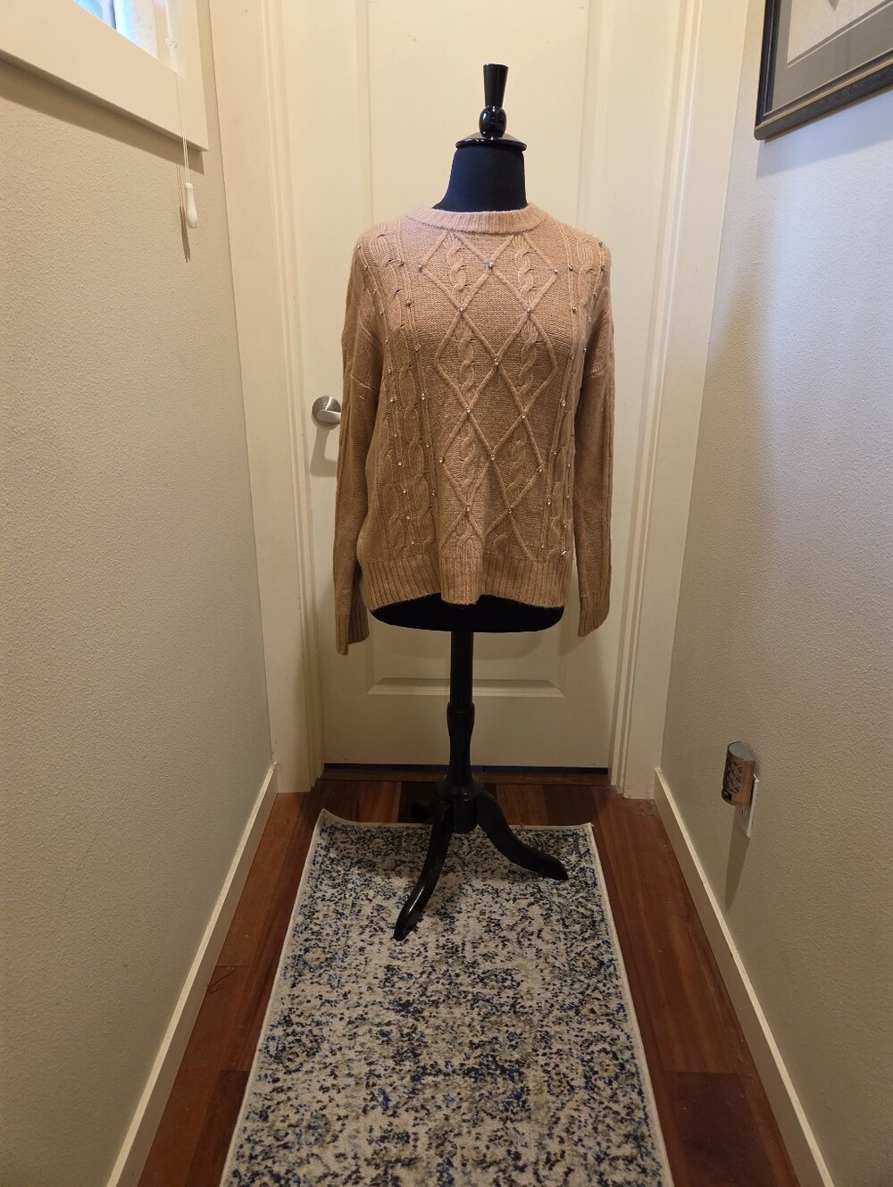 A New Day Womens Embellished Cable-Knit Crewneck Sweater in Tan